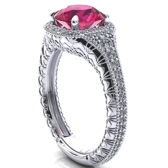 Fire Brilliance Rings Kylee Round Ruby Accent Diamond Milgrain and Filigree Design 4 Prong Engagement Ring