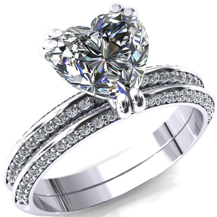 Fire Brilliance Rings Nancy Heart Moissanite 3 Double Prong 12 Eternity Diamond Knife Shank Accent Engagement Ring Fire Brilliance Rings Nancy Heart Moissanite 3 Double Prong 12 Eternity Diamond Knife Shank Accent Engagement Ring