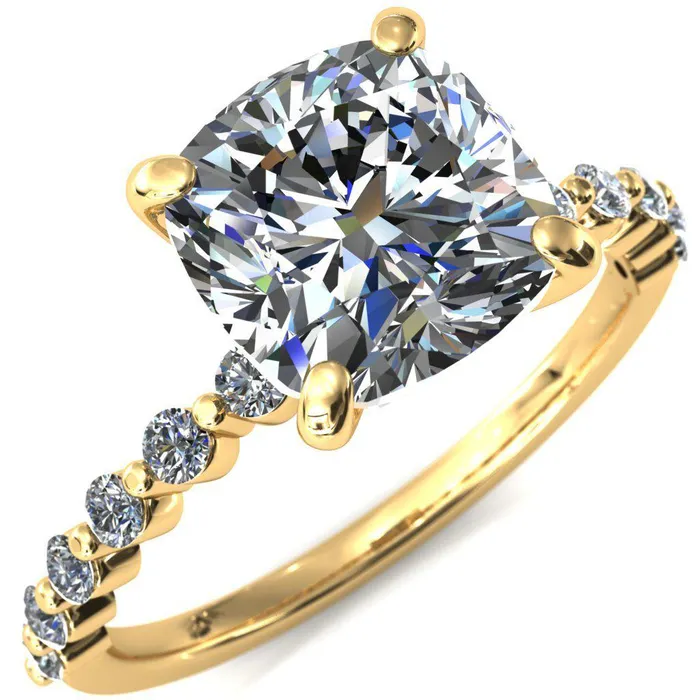 Fire Brilliance Rings Niamh Cushion Moissanite 4 VProng 12 Shared Single Prong Shank Engagement Ring Fire Brilliance Rings Niamh Cushion Moissanite 4 VProng 12 Shared Single Prong Shank Engagement Ring