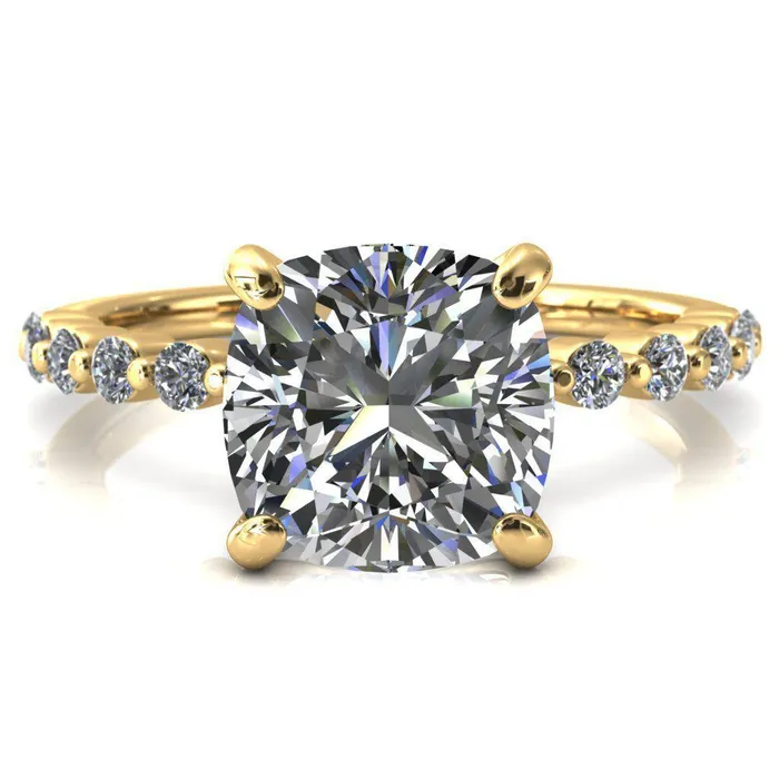 Fire Brilliance Rings Niamh Cushion Moissanite 4 VProng 12 Shared Single Prong Shank Engagement Ring