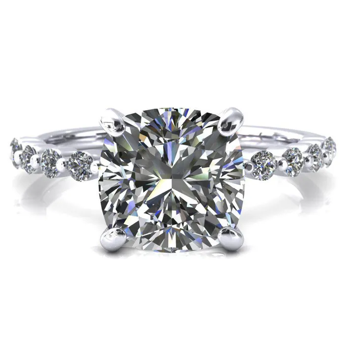 Fire Brilliance Rings Niamh Cushion Moissanite 4 VProng 12 Shared Single Prong Shank Engagement Ring