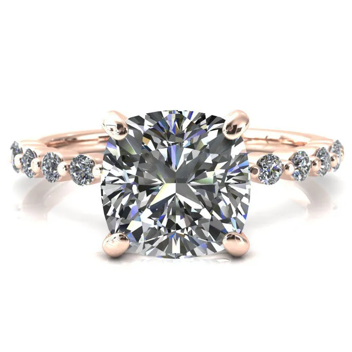 Fire Brilliance Rings Niamh Cushion Moissanite 4 VProng 12 Shared Single Prong Shank Engagement Ring