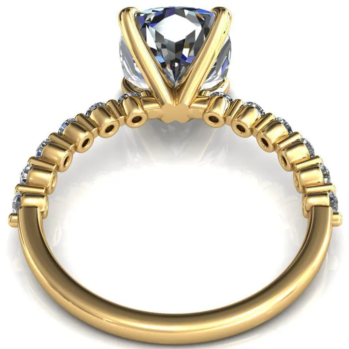 Fire Brilliance Rings Niamh Cushion Moissanite 4 VProng 12 Shared Single Prong Shank Engagement Ring