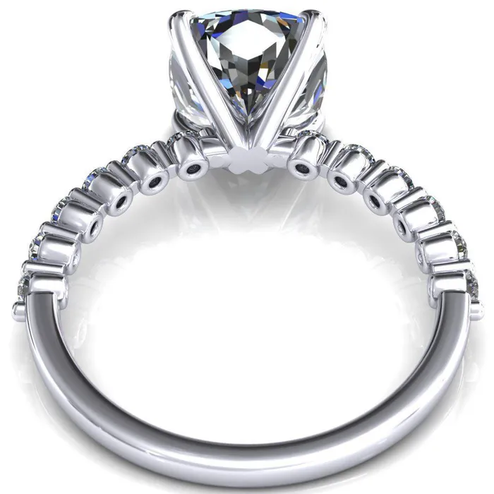 Fire Brilliance Rings Niamh Cushion Moissanite 4 VProng 12 Shared Single Prong Shank Engagement Ring