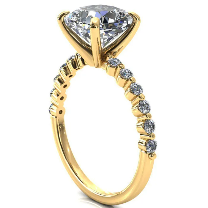 Fire Brilliance Rings Niamh Cushion Moissanite 4 VProng 12 Shared Single Prong Shank Engagement Ring