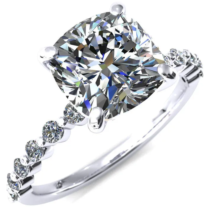 Fire Brilliance Rings Niamh Cushion Moissanite 4 VProng 12 Shared Single Prong Shank Engagement Ring