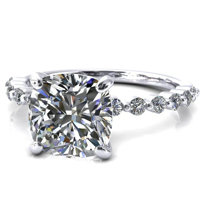 Fire Brilliance Rings Niamh Cushion Moissanite 4 VProng 12 Shared Single Prong Shank Engagement Ring