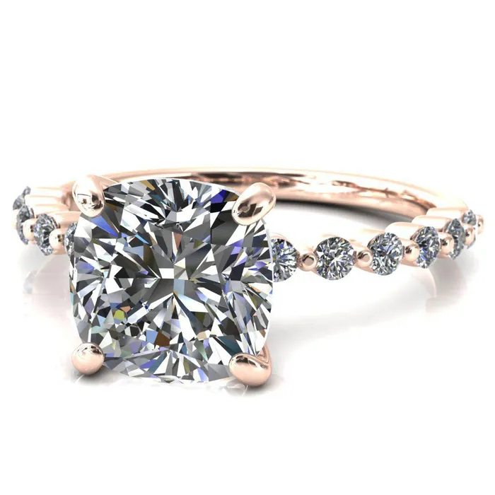 Fire Brilliance Rings Niamh Cushion Moissanite 4 VProng 12 Shared Single Prong Shank Engagement Ring