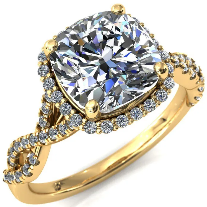 Fire Brilliance Rings Sacha Cushion Moissanite 4 Prong 12 Micropav Infinity Shank Engagement Ring