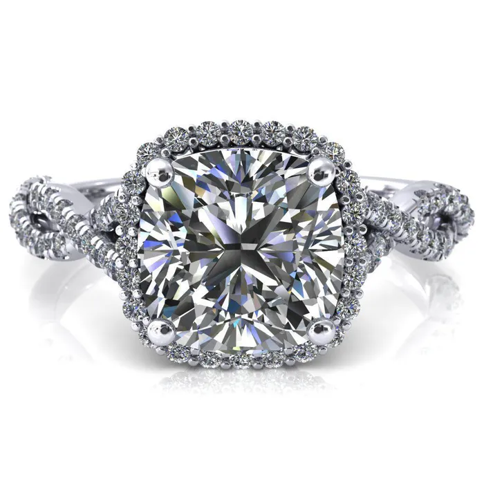 Fire Brilliance Rings Sacha Cushion Moissanite 4 Prong 12 Micropav Infinity Shank Engagement Ring
