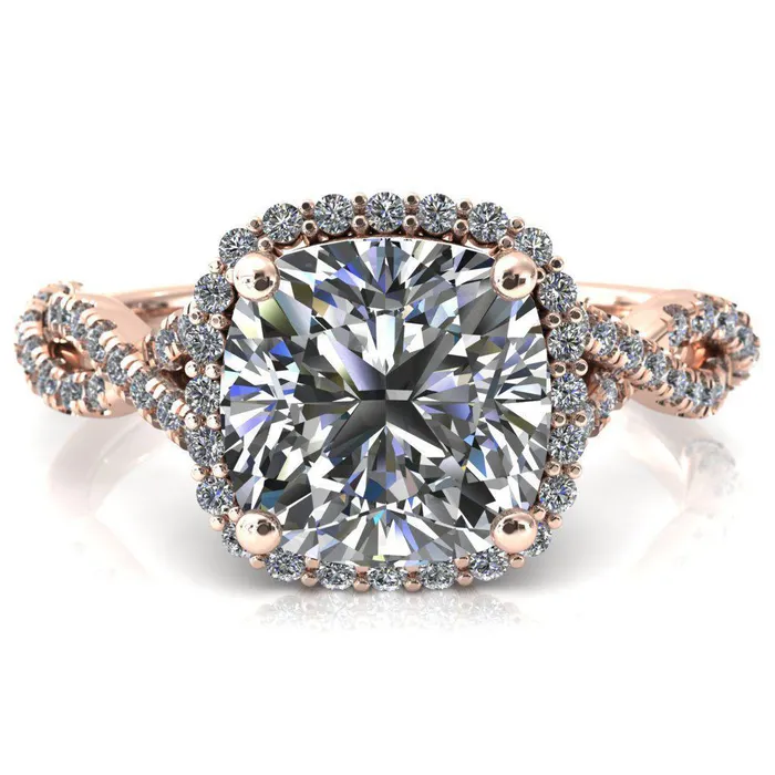 Fire Brilliance Rings Sacha Cushion Moissanite 4 Prong 12 Micropav Infinity Shank Engagement Ring