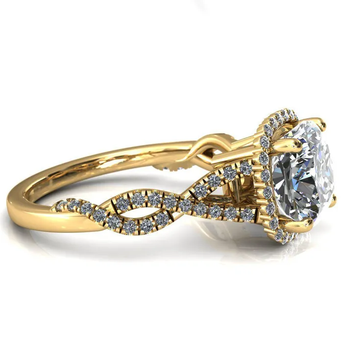 Fire Brilliance Rings Sacha Cushion Moissanite 4 Prong 12 Micropav Infinity Shank Engagement Ring