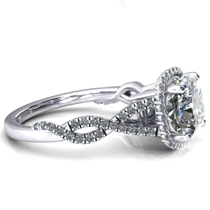 Fire Brilliance Rings Sacha Cushion Moissanite 4 Prong 12 Micropav Infinity Shank Engagement Ring