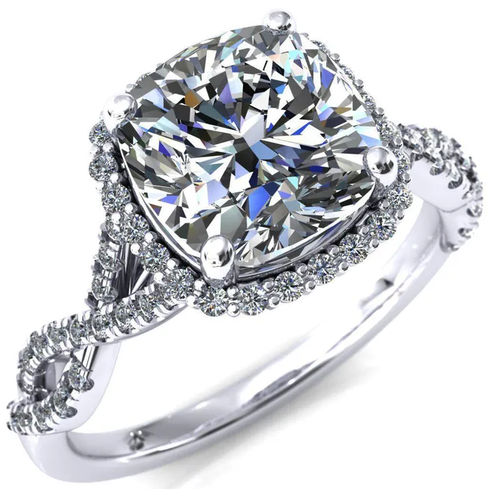 Fire Brilliance Rings Sacha Cushion Moissanite 4 Prong 12 Micropav Infinity Shank Engagement Ring