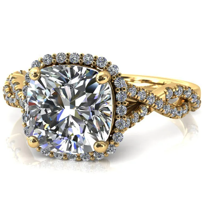Fire Brilliance Rings Sacha Cushion Moissanite 4 Prong 12 Micropav Infinity Shank Engagement Ring