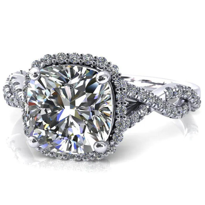 Fire Brilliance Rings Sacha Cushion Moissanite 4 Prong 12 Micropav Infinity Shank Engagement Ring