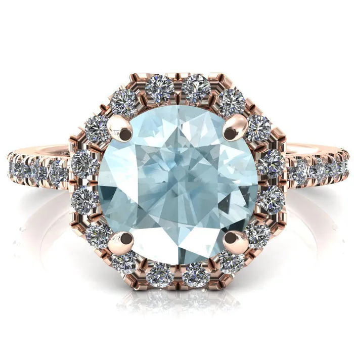 Henrietta Round Aqua Blue Spinel 4 Prong Halo 34 Micropave Engagement Ring Fire Brilliance Rings