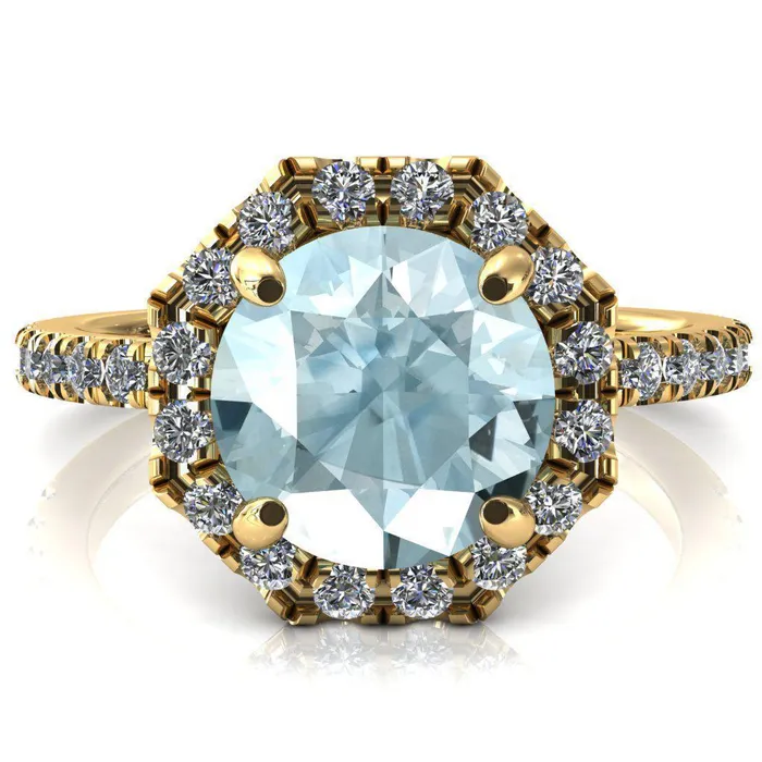 Henrietta Round Aqua Blue Spinel 4 Prong Halo 34 Micropave Engagement Ring Fire Brilliance Rings