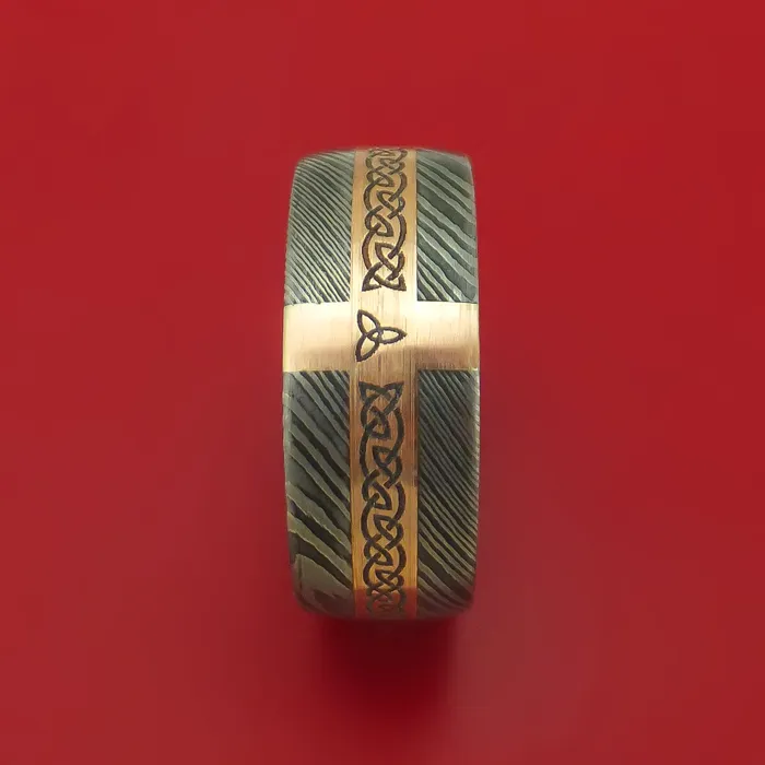 Lashbrook Rings Damascus Steel Ring with 14k Rose Gold and Etched Celtic Design Inlays and Interior Hardwood Sleeve Custom Made Band