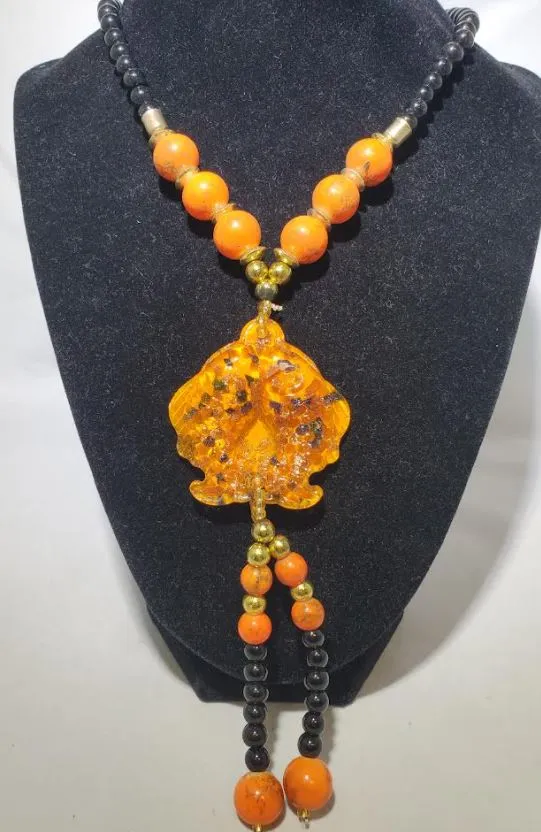 N2012 Black Bead Orange Koi Fish Decorated Glass Long Necklace With Free Earrings polly Necklaces N2012 Black Bead Orange Koi Fish Decorated Glass Long Necklace With Free Earrings polly Necklaces