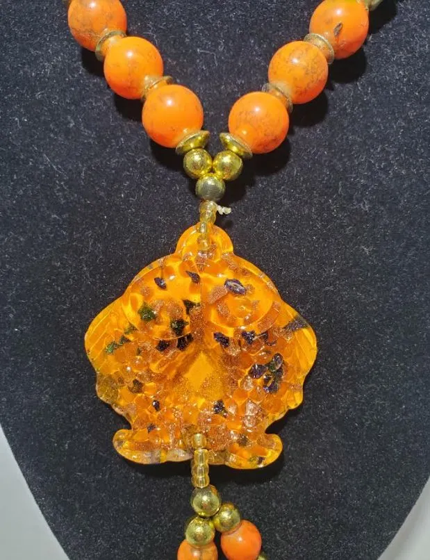 N2012 Black Bead Orange Koi Fish Decorated Glass Long Necklace With Free Earrings polly Necklaces