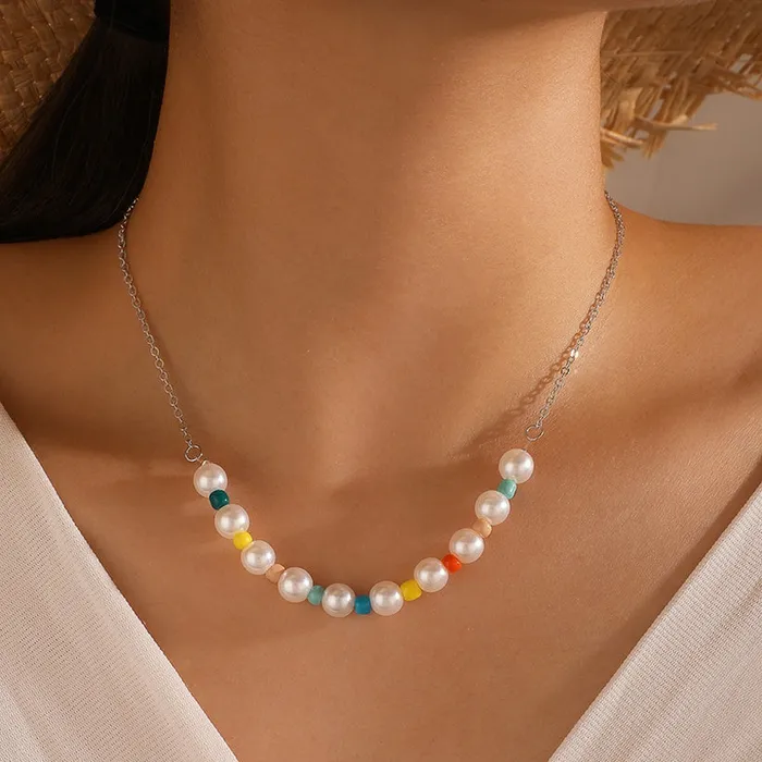 Necklaces 01 N660 Silver Pearl Multi Color Bead Necklace with FREE EARRINGS
