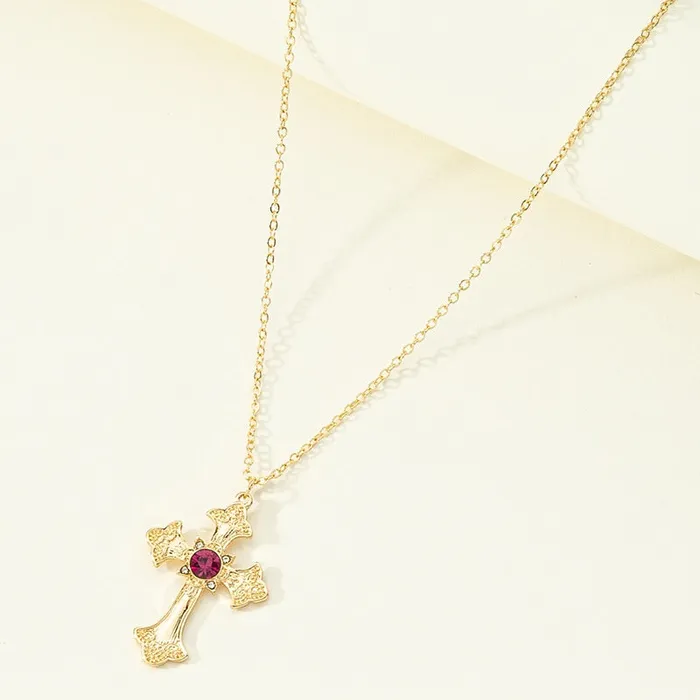 Necklaces N31 Gold Cross Fuchsia Gemstone Necklace with Free Earrings 01