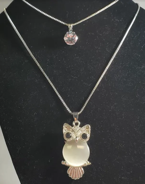 polly Necklaces N961 Silver Moonstone Owl Necklace with FREE Earrings
