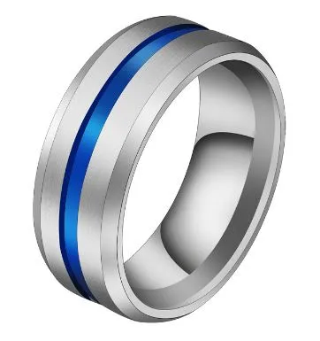 R412 Silver with Blue Stripe Titanium Stainless Steel Ring 01 Rings