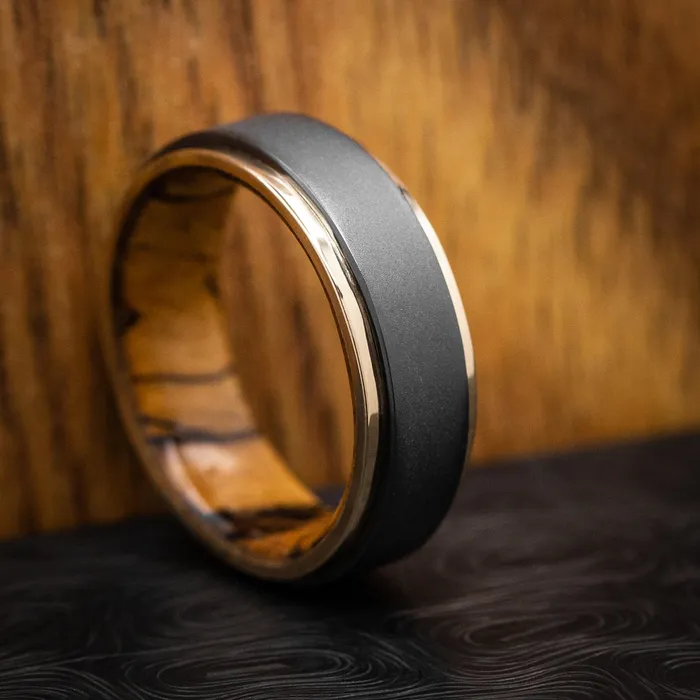 Rings Lashbrook Black Zirconium Ring with 14K Gold Edges and Wood Sleeve Custom Made Rings Lashbrook Black Zirconium Ring with 14K Gold Edges and Wood Sleeve Custom Made