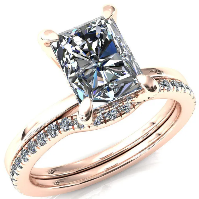 Rosy Radiant Moissanite 4 Claw Prong Single Rail Micropave Engagement Ring Fire Brilliance Rings Rosy Radiant Moissanite 4 Claw Prong Single Rail Micropave Engagement Ring Fire Brilliance Rings