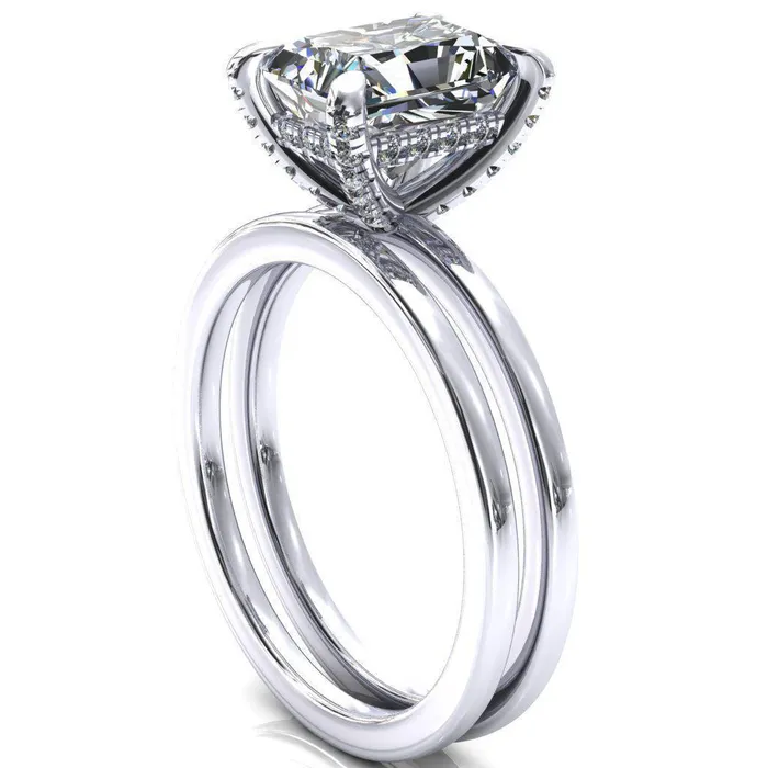 Rosy Radiant Moissanite 4 Claw Prong Single Rail Micropave Engagement Ring Fire Brilliance Rings