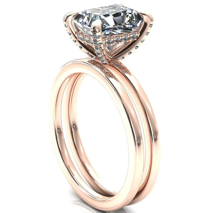 Rosy Radiant Moissanite 4 Claw Prong Single Rail Micropave Engagement Ring Fire Brilliance Rings