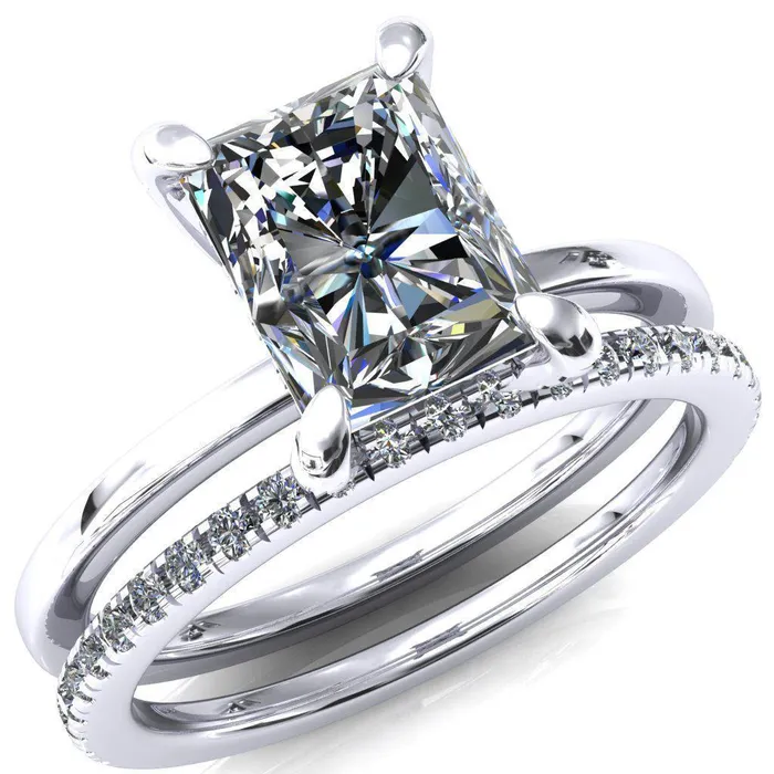 Rosy Radiant Moissanite 4 Claw Prong Single Rail Micropave Engagement Ring Fire Brilliance Rings