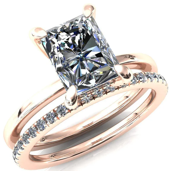 Rosy Radiant Moissanite 4 Claw Prong Single Rail Micropave Engagement Ring Fire Brilliance Rings