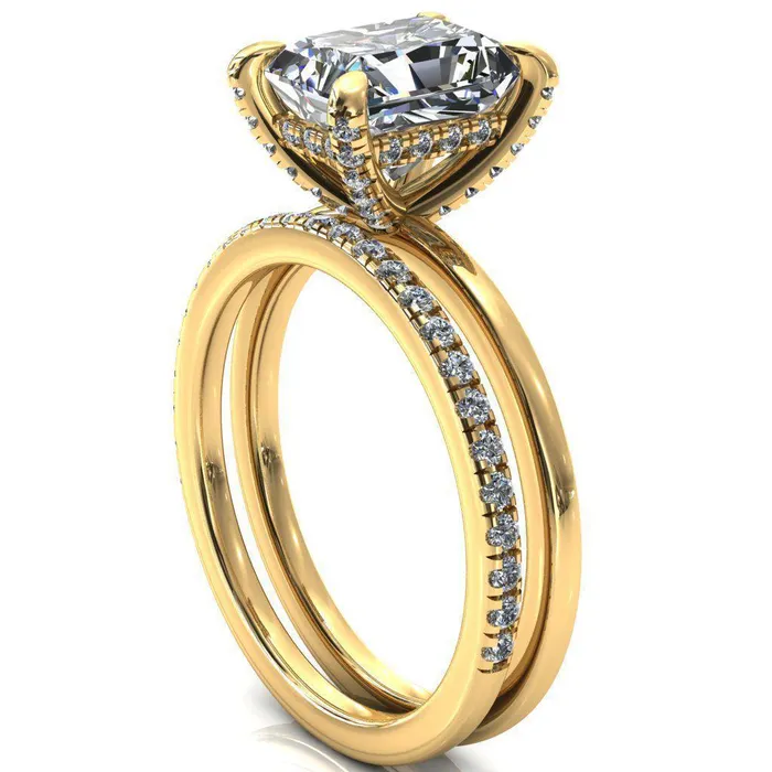 Rosy Radiant Moissanite 4 Claw Prong Single Rail Micropave Engagement Ring Fire Brilliance Rings