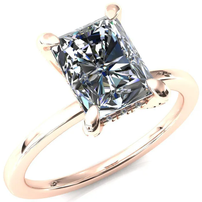 Rosy Radiant Moissanite 4 Claw Prong Single Rail Micropave Engagement Ring Fire Brilliance Rings
