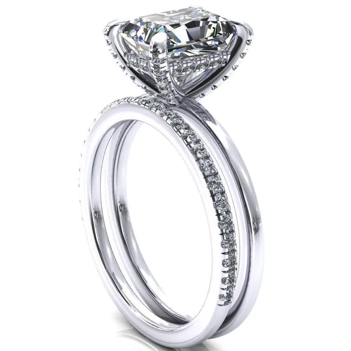 Rosy Radiant Moissanite 4 Claw Prong Single Rail Micropave Engagement Ring Fire Brilliance Rings