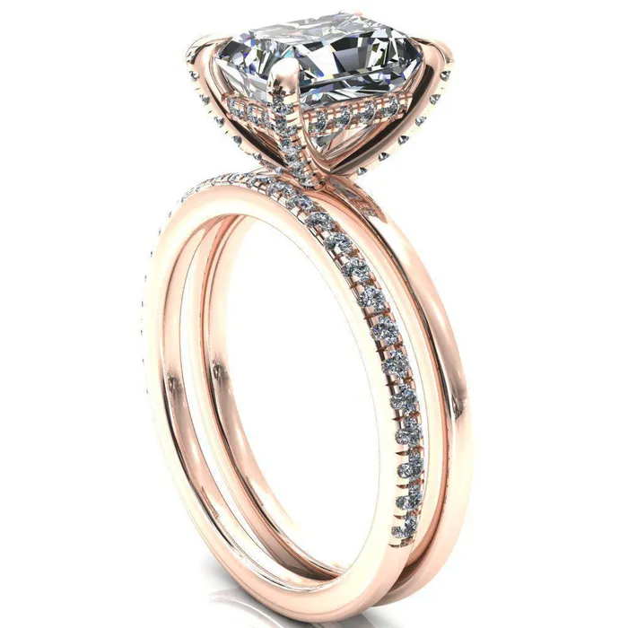 Rosy Radiant Moissanite 4 Claw Prong Single Rail Micropave Engagement Ring Fire Brilliance Rings