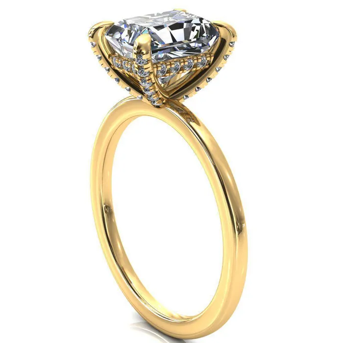 Rosy Radiant Moissanite 4 Claw Prong Single Rail Micropave Engagement Ring Fire Brilliance Rings