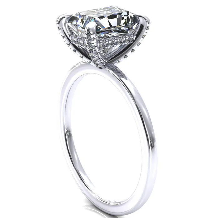 Rosy Radiant Moissanite 4 Claw Prong Single Rail Micropave Engagement Ring Fire Brilliance Rings