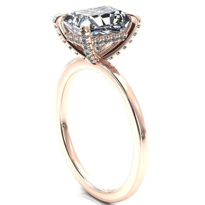 Rosy Radiant Moissanite 4 Claw Prong Single Rail Micropave Engagement Ring Fire Brilliance Rings