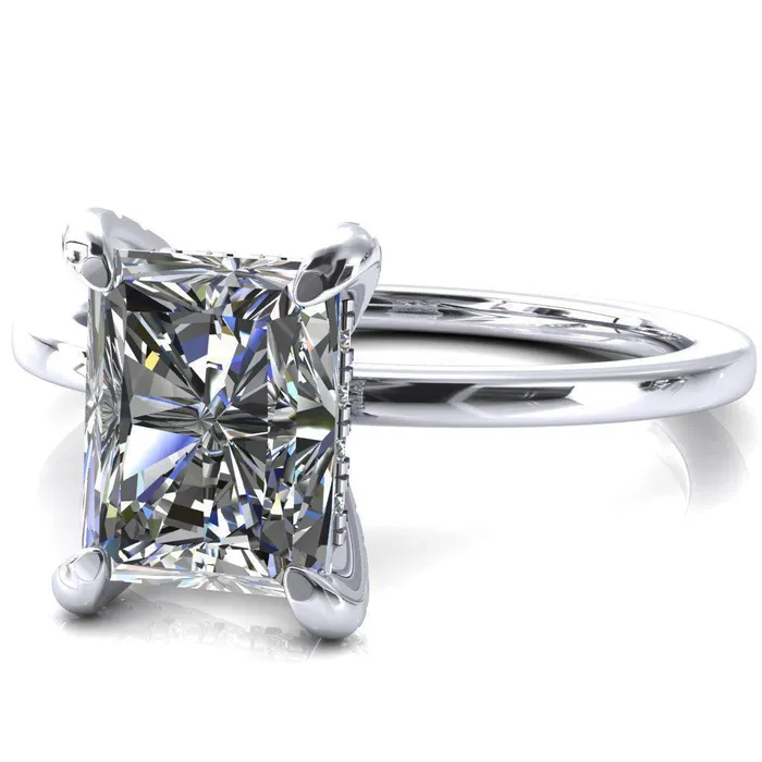 Rosy Radiant Moissanite 4 Claw Prong Single Rail Micropave Engagement Ring Fire Brilliance Rings