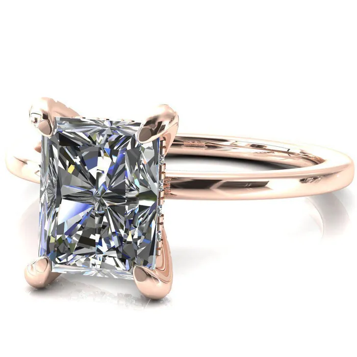 Rosy Radiant Moissanite 4 Claw Prong Single Rail Micropave Engagement Ring Fire Brilliance Rings