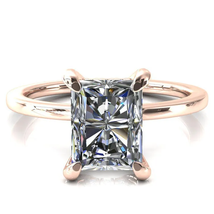 Rosy Radiant Moissanite 4 Claw Prong Single Rail Micropave Engagement Ring Fire Brilliance Rings