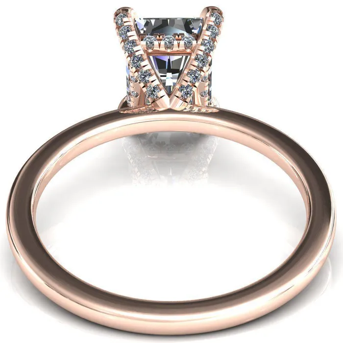 Rosy Radiant Moissanite 4 Claw Prong Single Rail Micropave Engagement Ring Fire Brilliance Rings