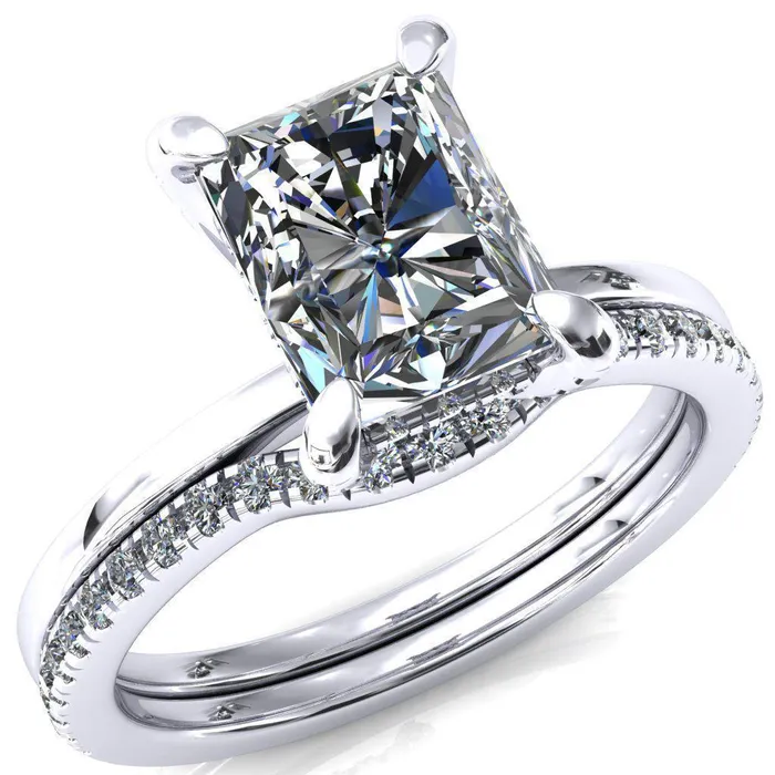 Rosy Radiant Moissanite 4 Claw Prong Single Rail Micropave Engagement Ring Fire Brilliance Rings