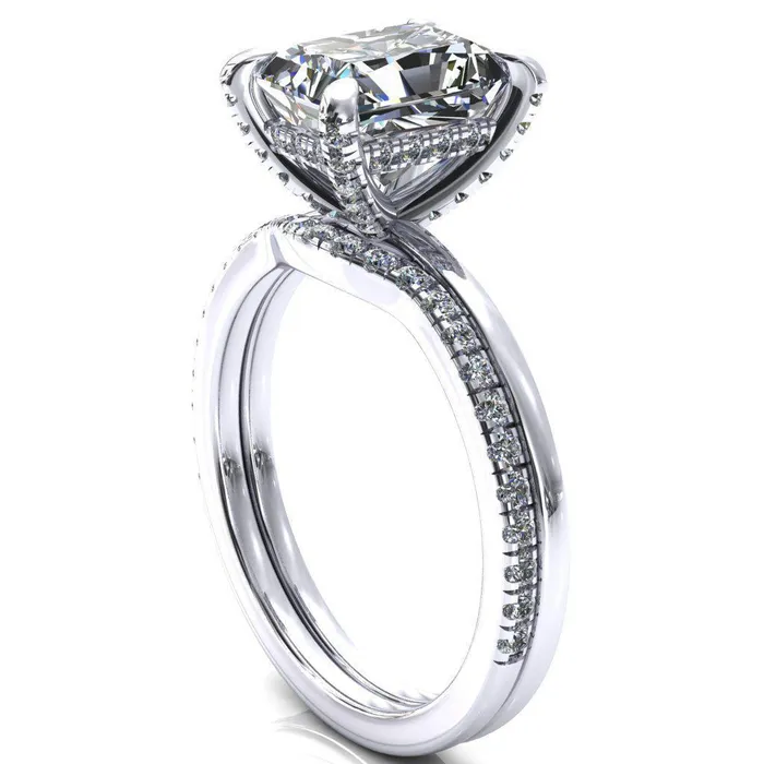Rosy Radiant Moissanite 4 Claw Prong Single Rail Micropave Engagement Ring Fire Brilliance Rings