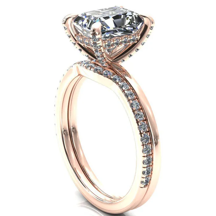 Rosy Radiant Moissanite 4 Claw Prong Single Rail Micropave Engagement Ring Fire Brilliance Rings