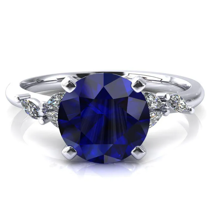 Sigrid Round Blue Sapphire 4 Prong Marquise Diamond Side Ring Fire Brilliance Rings Sigrid Round Blue Sapphire 4 Prong Marquise Diamond Side Ring Fire Brilliance Rings